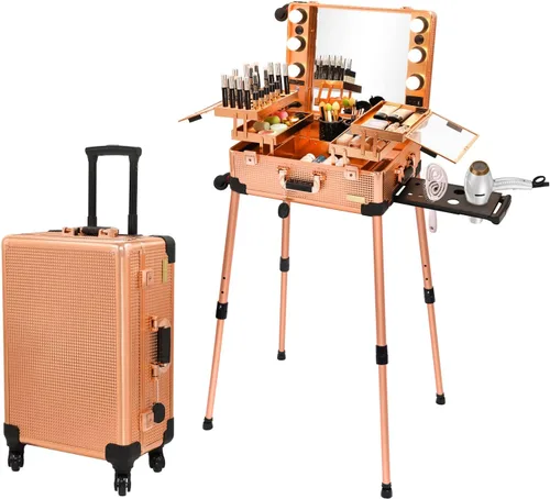 Miniatura 10 de Maletín de aluminio para maquillaje con luces LED, organizador profesional de cosméticos con altavoz, ruedas y soportes, estación de tocador