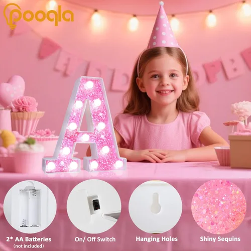 Miniatura 2 de Pooqla Luces de números de marquesina, números de luz rosa para niñas de 10.º cumpleaños, funciona con pilas, luz nocturna de número con purpurina