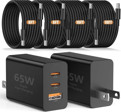 Miniatura 8 de Susnwere Cargador de pared USB C de 65 W para Samsung S26 Ultra, 3 puertos de 100 W PD rápida 3.0 tipo C carga con cable USB C de 3/6/10/10 pies
