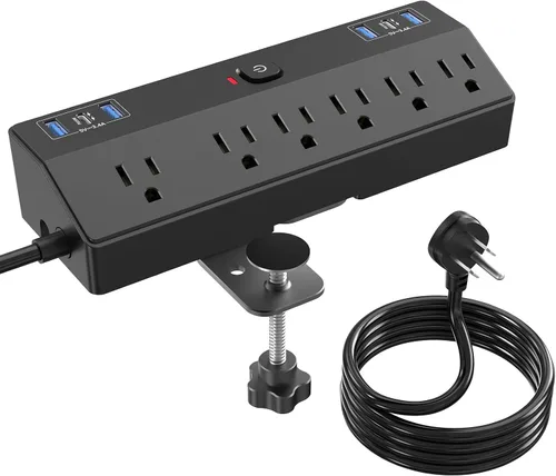 JXGUCAT - Regleta de alimentación con abrazadera de escritorio de 6 pies con puertos USB C de 40 W, enchufe plano para montaje en escritorio,