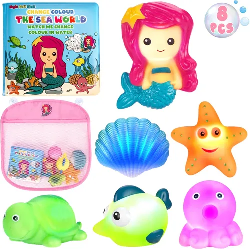 Juguetes de baño iluminados para niños pequeños, niñas y bebés, juguetes de baño brillantes sin agujeros con libro de baño y organizador, juguetes