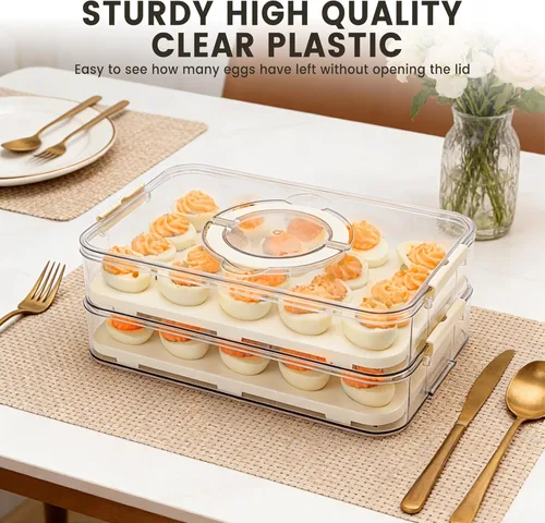Miniatura 6 de Recipientes de huevos con tapa de 2 capas con tapa, bandeja de plástico para huevos con asa para 40 huevos, almacenamiento portátil transparente