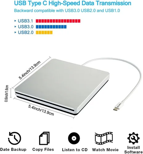 Miniatura 3 de USB-C Superdrive - Lector externo de DVD/CD y grabadora de DVD/CD para Apple-MacBook Air/Pro/iMac/Mini/MacBook Pro/ASUS/ASUS/DELL Latitude
