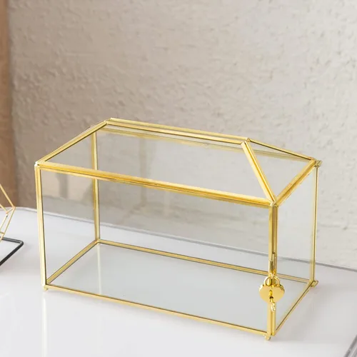 Miniatura 5 de Caja de Tarjetas de Boda de Cristal con Ranura, Caja de Tarjetas Transparente Grande de 12.6 Pulgadas de Latón Dorado con Cerradura para Recepciones