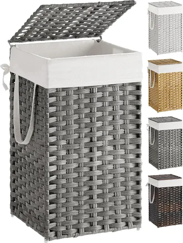 Miniatura 12 de SONGMICS Canasta de lavandería con tapa, cesto de ropa de 23.8 galones (90 L) de ratán sintético con tapa y asas, plegable, forro extraíble