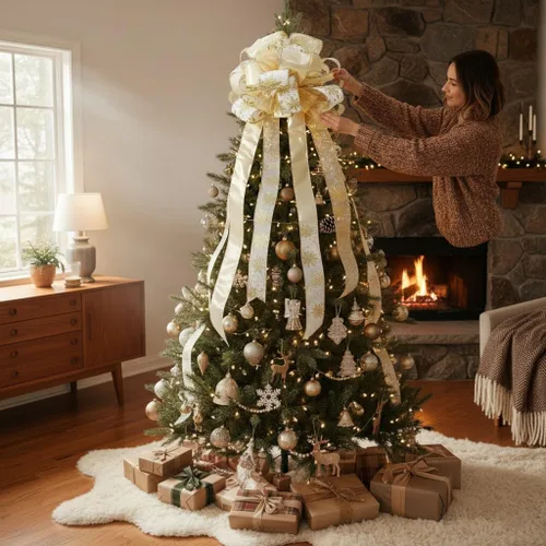 Miniatura 2 de Altier Lazo de 11" de oro ancho para decoración de árbol de Navidad con 4 colas, tiras de serpentina de 3 yardas de largo cada una para decoración