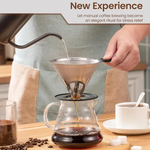 Miniatura 7 de 【2.0 mejorado】Gotero de café reutilizable de acero inoxidable con base antideslizante y asa, cafetera sin papel (plateado)