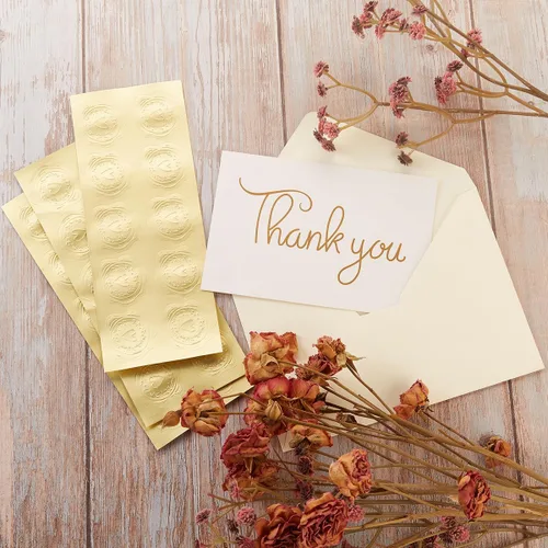 Miniatura 4 de Paquete de 50 sobres A6 color crema con tarjetas de cartulina gruesa plegada de 4 x 6 pulgadas y calcomanías doradas para tarjetas de felicitación