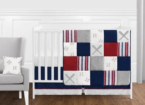 Sweet Jojo Designs Juego de ropa de cama para cuna de bebé de 11 piezas (parche deportivo de béisbol) para niños, bebés/guardería, incluye manta,
