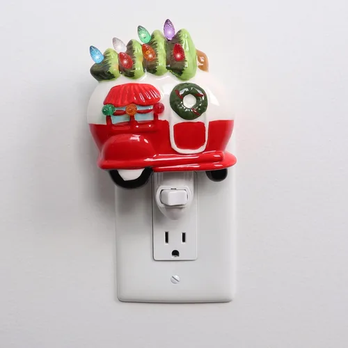 Foco Nocturno de Cerámica - Árbol Vintage Enchufable con Luces - Mini Árbol Decorativo (Camper)