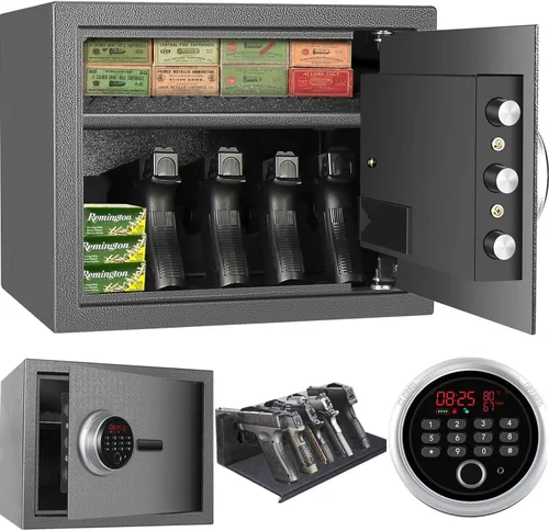 Caja fuerte biométrica, caja fuerte para pistolas con huella dactilar con pantalla de tiempo, humedad y temperatura, perfecta para