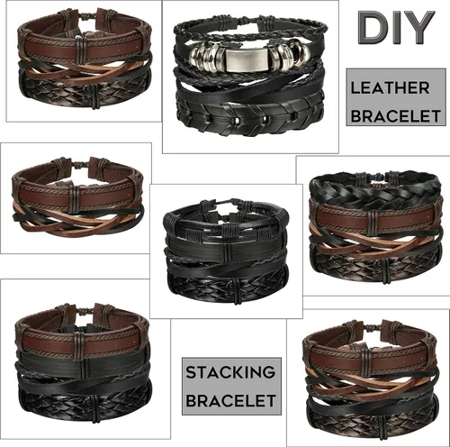 Miniatura 2 de Jstyle 12Pcs Braided Bracelet for Men Beaded Bracelets Wrap Leather Wooden Bracelets Adjustable