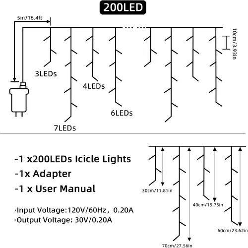 Miniatura 6 de Luces de Navidad de carámbano para exteriores - 200 LED 6.4+4.9 m 8 modos, cortina de luces de hadas en forma de guirnalda, enchufables