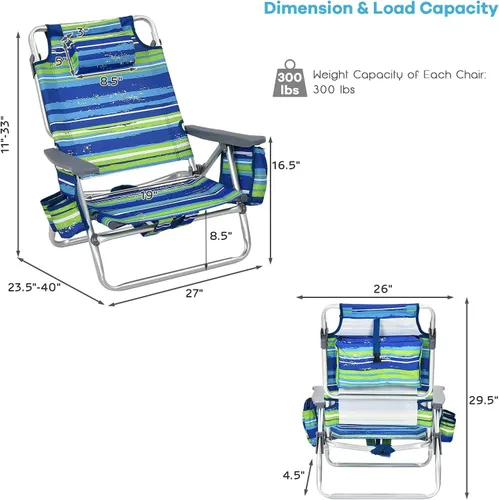 Miniatura 3 de Goplus Silla de playa, mochila plegable para adultos, sillas de playa con posiciones ajustables, almohada para la cabeza, bolsa refrigeradora