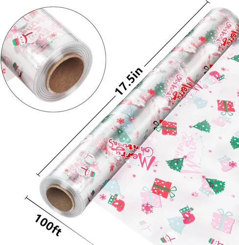 Miniatura 2 de JOYIT Rollo de envoltura de celofán de Navidad de 100' de largo X 17.5” de ancho - Rollo de celofán de 3 mil de espesor, celofán transparente