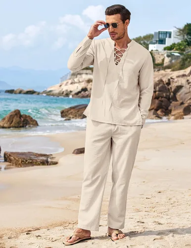 Miniatura 2 de COOFANDY Conjunto de 2 piezas de lino para hombre, camisas Henley de manga larga, pantalones casuales de playa con bolsillos, trajes de yoga
