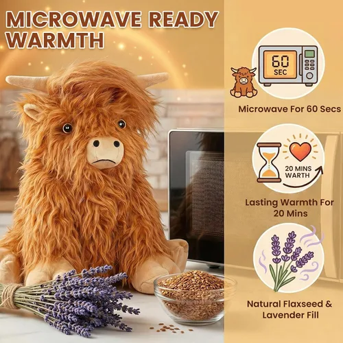 Miniatura 2 de SuzziPals Vaca de las Tierras Altas de Peluche Calentable y Enfriable, Almohadilla Calentable Microondable para Relajación y Alivio, Juguetes