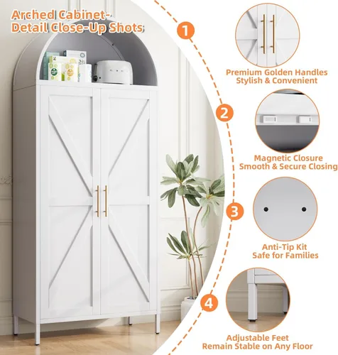Miniatura 4 de Armario de despensa arqueado de metal blanco de 72.8 pulgadas para almacenamiento de cocina, armario alto de 2 puertas con 6 estantes ajustables