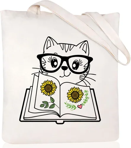 Miniatura 22 de Andeiltech - Bolsa de lona para mujer, con diseño de gato bonito y estética, bolsas reutilizables para compras y comestibles, con bolsillo
