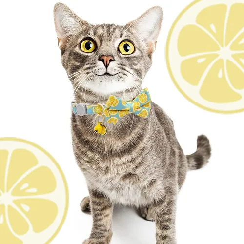 Miniatura 7 de Faygarsle Paquete de 2 collares de gato lindos con campana de moño separable para gatos machos y hembras, patrón de sandía, limón y rosa de lujo