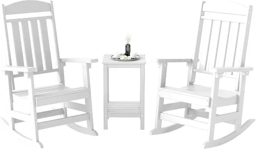 Miniatura 32 de FOOWIN Juego de sillas mecedoras de patio de 2 piezas, mecedora de porche con respaldo alto de HDPE, mecedora de porche de madera de polietileno