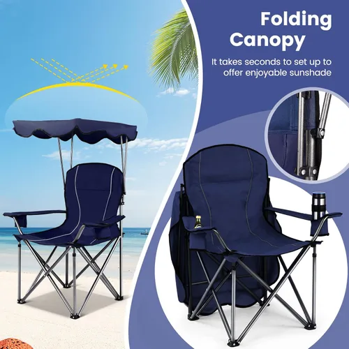 Miniatura 5 de Goplus Silla de camping con toldo plegable, con soporte para sombrilla y bolsa de transporte, silla portátil para adultos para playa, viajes al aire