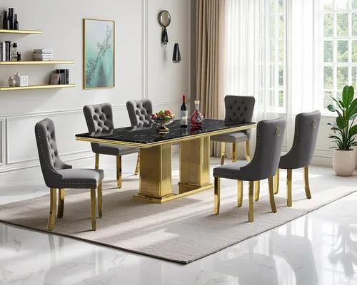 Miniatura 23 de Juego de mesa de comedor de mármol para 4, mesa de cocina rectangular de mármol negro de 68 pulgadas con base en H de acero inoxidable dorado, juego