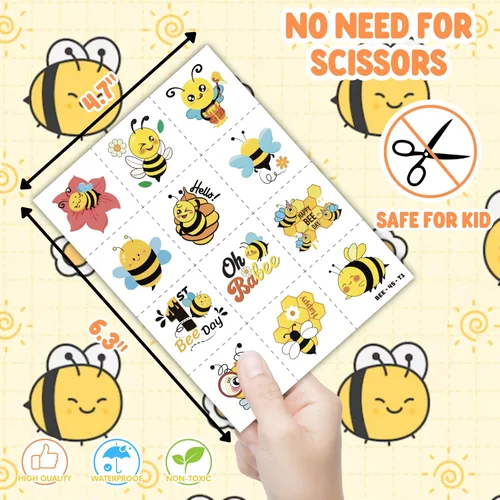 Miniatura 6 de Juego de 72 piezas para fiesta de abejas, 48 tatuajes temporales y 24 pulseras de bofetada, suministros de cumpleaños con temática de abejorro