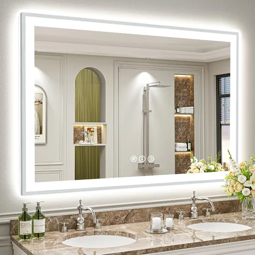 Miniatura 55 de 24x30 Espejo de baño LED con marco negro con luces, retroiluminado + iluminación frontal, espejo de tocador iluminado antivaho para pared de baño