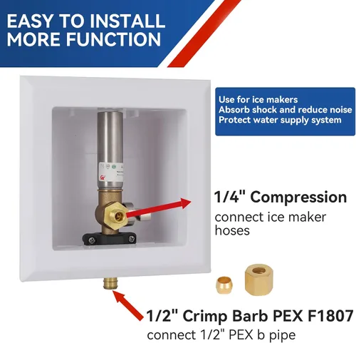 Miniatura 2 de Caja de salida para máquina de hielo con pararrayos de martillo de agua, entrada PEX de crimpado de 1/2 pulgada y conexión de salida de compresión