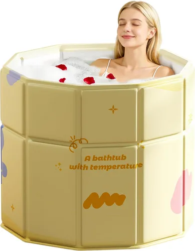 Bañera portátil, bañera de hielo caliente, sin inflado, ducha, baño, spa, bañera plegable, sin instalación para el hogar y al aire libre (amarillo