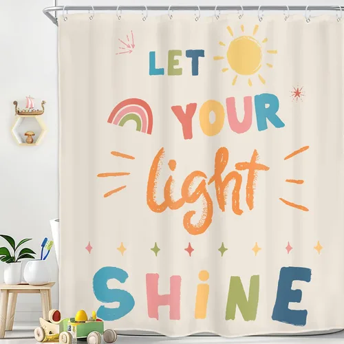 Cortina de ducha con citas para niños, inspiradora, colorida, dibujos animados, letra clásica en inglés, deja que tu luz brille, sol encantador,