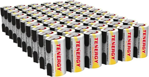 Tenergy Batería NiCd Sub C de 2200 mAh para herramientas eléctricas, baterías de celda sub-C recargables de 1.2 V con pestañas, paquete de 60