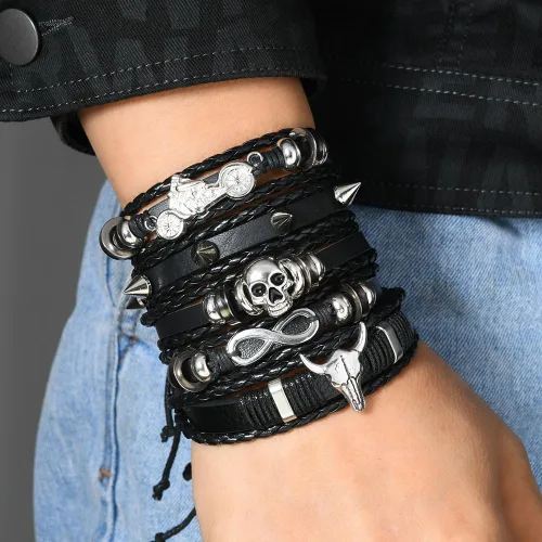 Miniatura 4 de Leather Bracelet for Men Women Skull Braided Wristband Medieval Pirate Bracelets