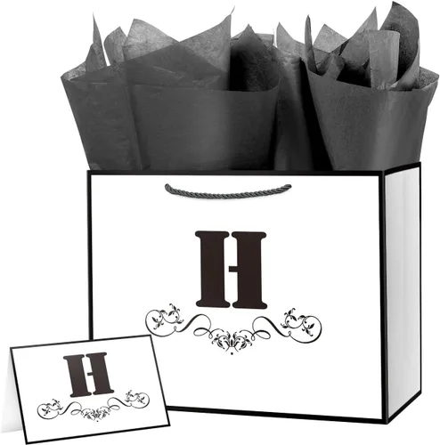 ysmile Bolsa de regalo de letras con papel de seda para hombres, bolsa grande de 12 pulgadas, color blanco y negro, para cumpleaños, aniversario,