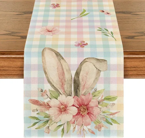 Artoid Mode Camino de mesa de Pascua con orejas de conejo a cuadros de búfalo colorido, decoración de mesa de comedor para decoración de fiesta del