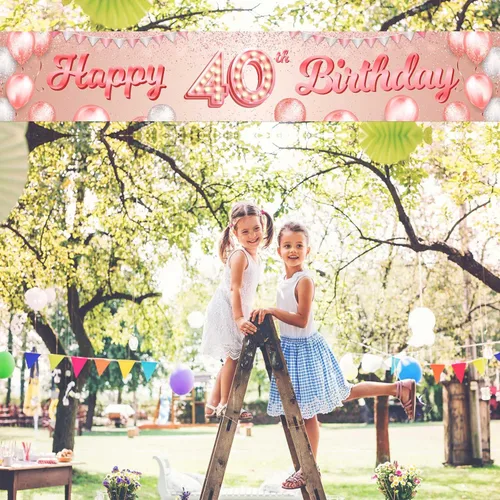 Miniatura 6 de Cartel de feliz cumpleaños número 40 color oro rosa, telón de fondo con globos de confeti para mujeres de 40 años, suministros de fiesta
