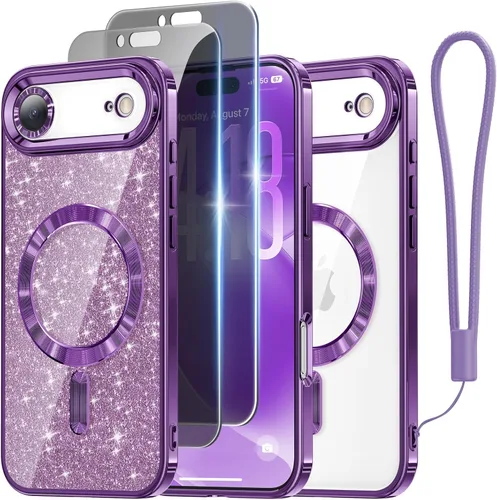 Miniatura 29 de Meifigno Candy Mag Series - Funda diseñada para iPhone 15 Pro, compatible con MagSafe, tarjeta con purpurina y correa de muñeca, protección completa