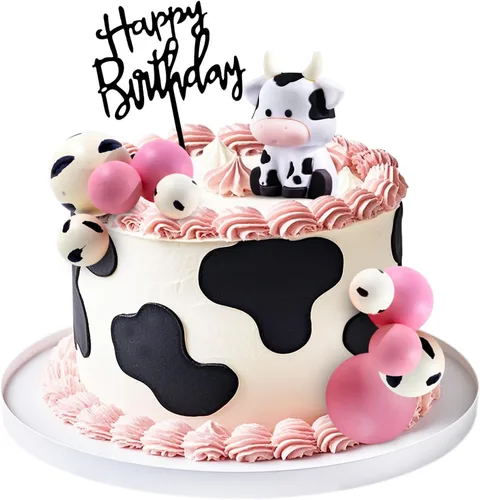 Paquete de 12 adornos para tartas de vaca, linda figura de animales de granja con bolas, feliz cumpleaños para baby shower, niños, fiesta de