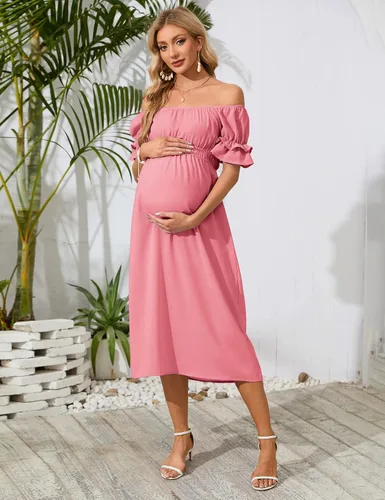 Miniatura 2 de KOJOOIN Vestido de maternidad de manga corta con hombros descubiertos para mujer, vestido de verano casual con volantes, vestido midi fluido