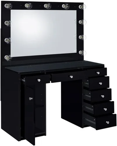 Miniatura 4 de MAKLAINE Juego de tocador de 7 cajones con espejo iluminado, parte superior de madera y vidrio, acabado negro de alto brillo, tocador contemporáneo