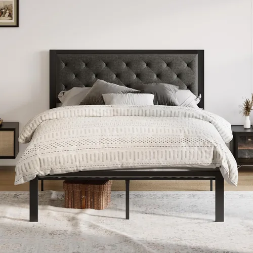 Miniatura 10 de Allewie Base de cama individual con cabecera tapizada de piel sintética, diseño elegante con costuras de diamante, no necesita somier, color negro