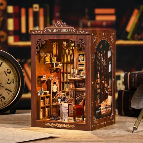 Miniatura 11 de Kit de rincón de libros, casa en miniatura de madera 3D Biblioteca de rimas antiguas para decoración de estanterías, manualidades relajantes