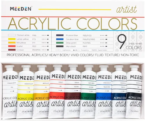 Juego de pintura acrílica para artistas MEEDEN - 60ml/ 2oz*9 tubos de pintura acrílica de cuerpo pesado - Suministros de arte para pintar en lienzo