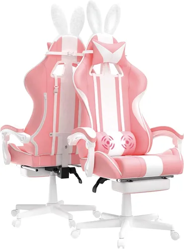 Miniatura 12 de Ferghana - Silla de juego Kawaii en azul claro con orejas de conejo, silla Gamer ergonómica y linda con reposapiés y masaje, silla de juego