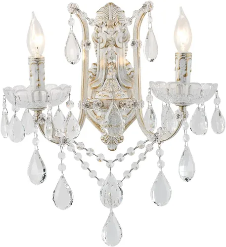 YLONG-ZS Aplique de pared de cristal de campo francés, 2 luces envejecidas estilo vela de oro blanco con cristales de lágrima, decoración interior