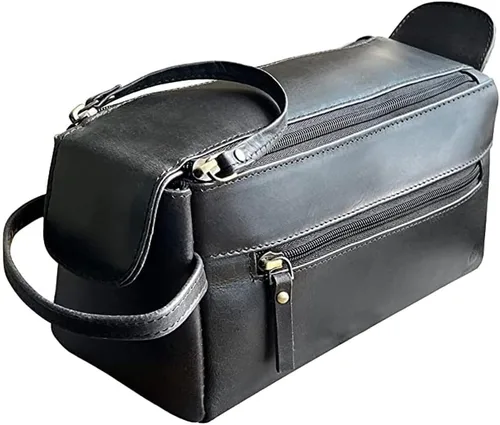 Bolsa de cuero lavable Rustic Town para hombres - Neceser de viaje - Kit de afeitado y dopp kit organizador - Bolsa de maquillaje de cuero para Negro