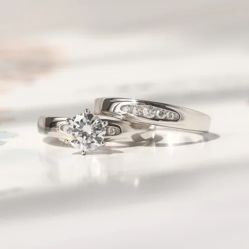Miniatura 7 de Juego de anillos de boda solitarios de plata de ley con circonita blanca de 0.236 in (talla 5 a 10)