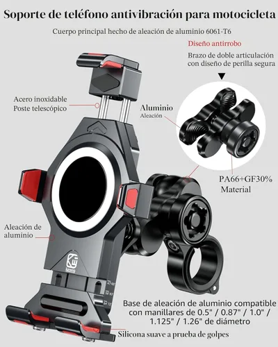 Miniatura 2 de BRCOVAN Soporte de teléfono para motocicleta de aleación de aluminio antirrobo con amortiguador de vibraciones y bloqueo seguro de alta velocidad