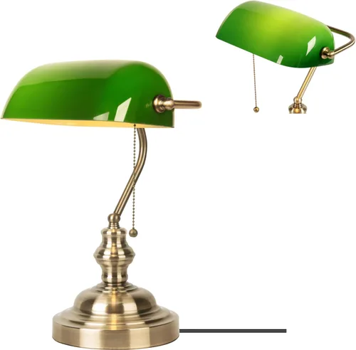 Miniatura 10 de Lámpara de Banco de Vidrio Verde, Lámpara de Escritorio Retro con Puerto de Carga Inalámbrica USB, Lámpara de Mesa con Cadena Clásica, para Mesita